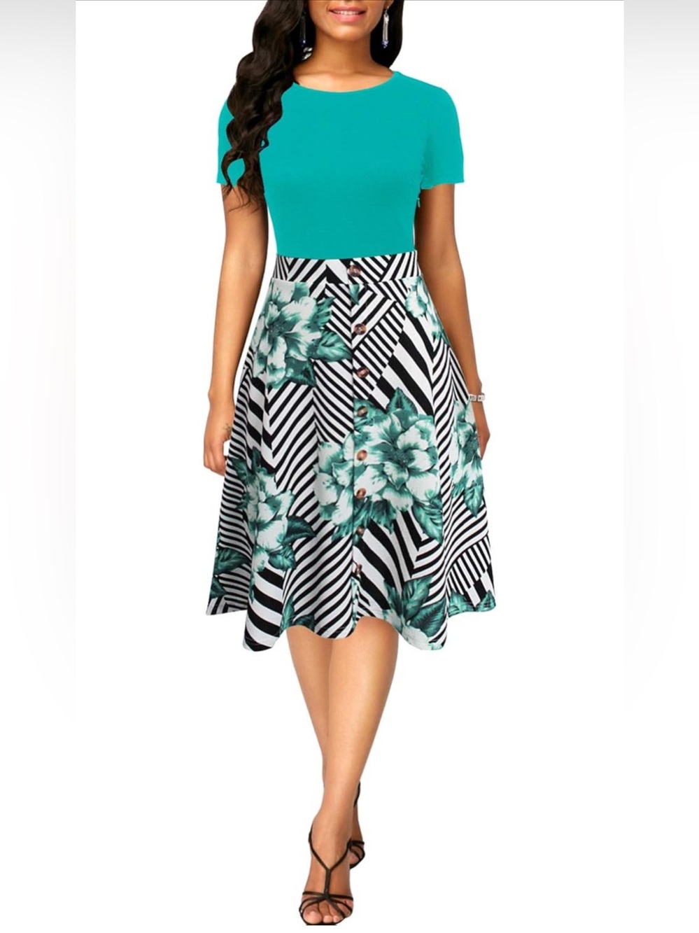 Berydress Women's tropical Blue Midi Dress - Classic Scoop Neck